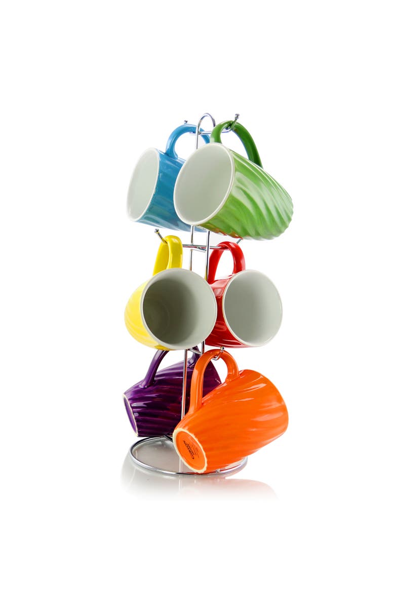 MR COFFEE Color Delight 6 Piece 10 Ounce Stoneware Mugs with Metal Stand, Main, color, Blue