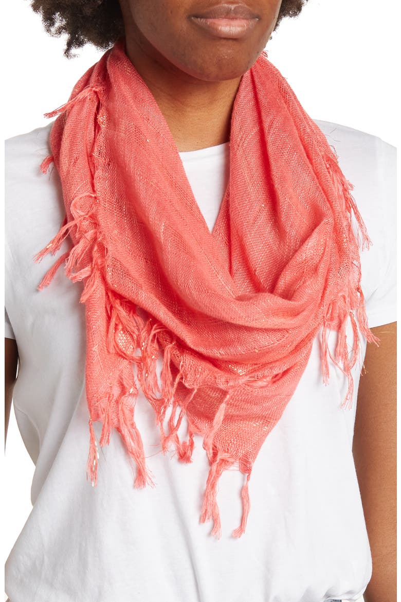 Sequin Twisted Fringe Scarf, Main, color, CORAL