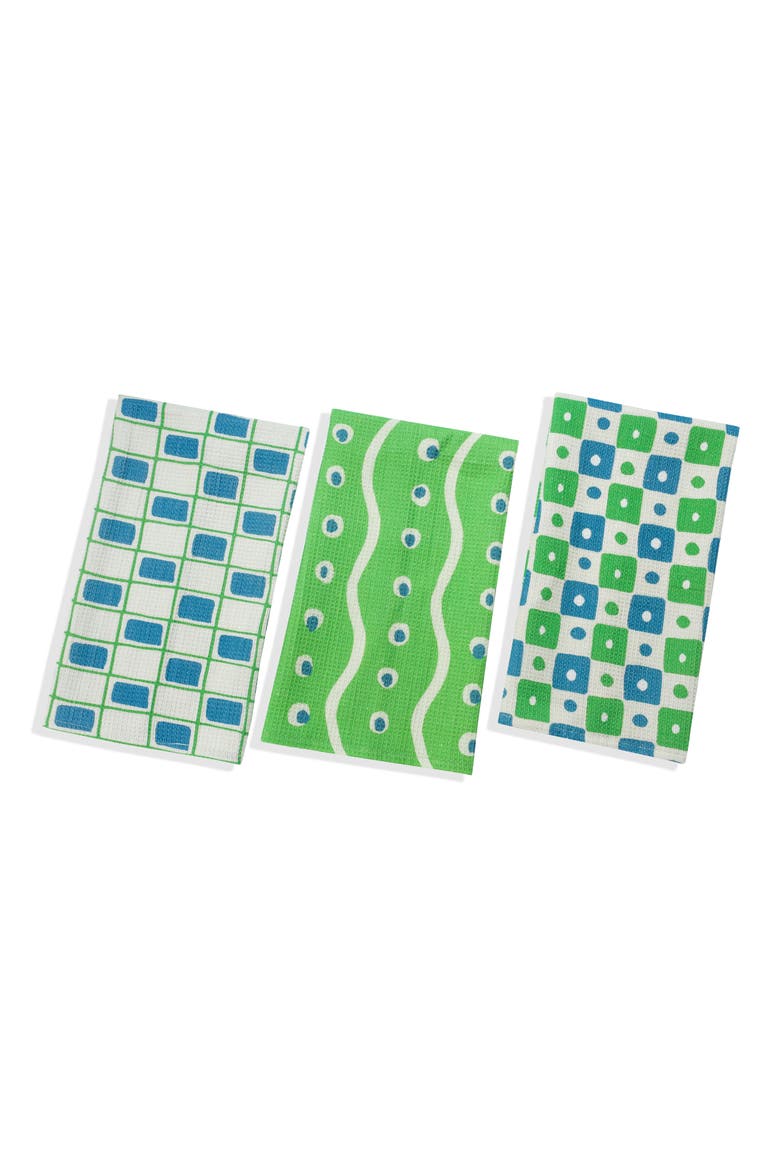 Set of Three Retro Geometric Kitchen Towels, Main, color, KELLY GREEN/ ROYAL BLUE
