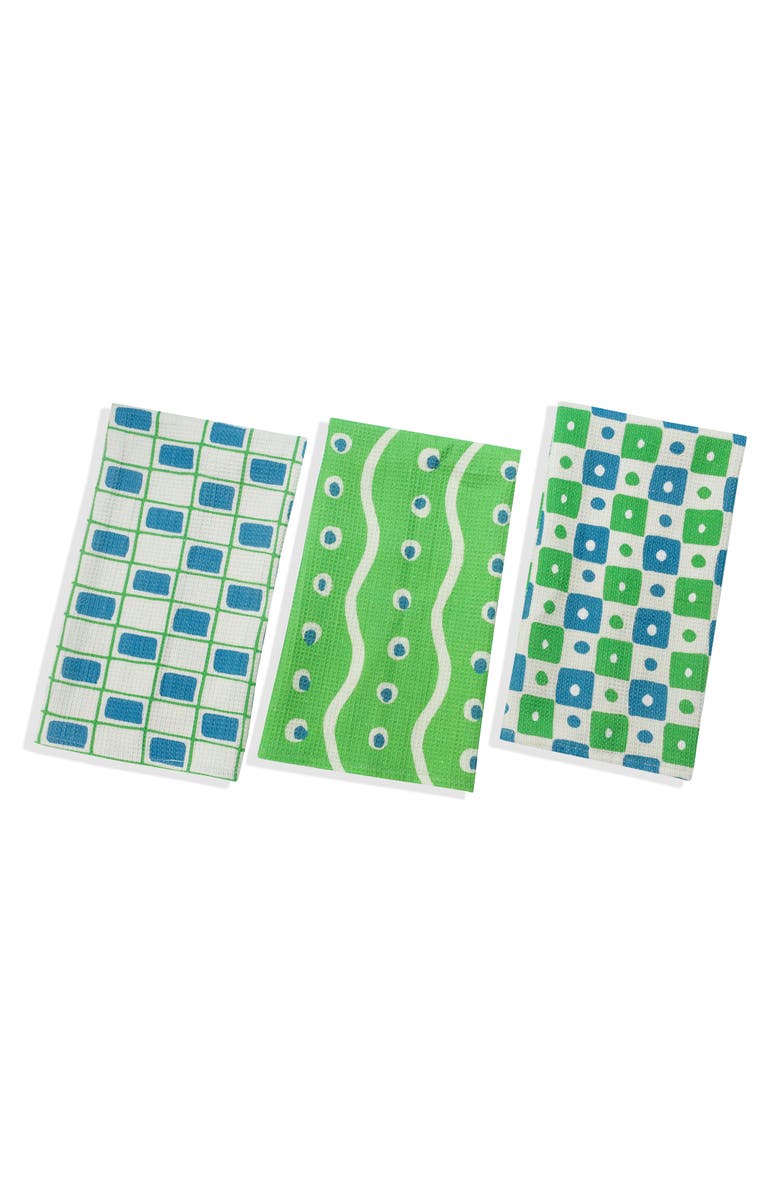 Tiramisu Set of Three Retro Geometric Kitchen Towels, Main, color, Kelly Green/ Royal Blue