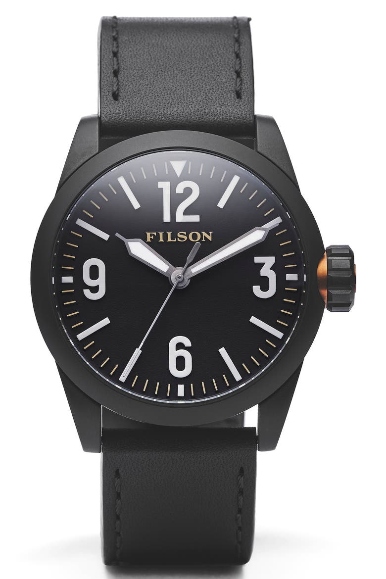 Field Leather Strap Watch, 41mm, Main, color, BLACK LEATHER STRAP