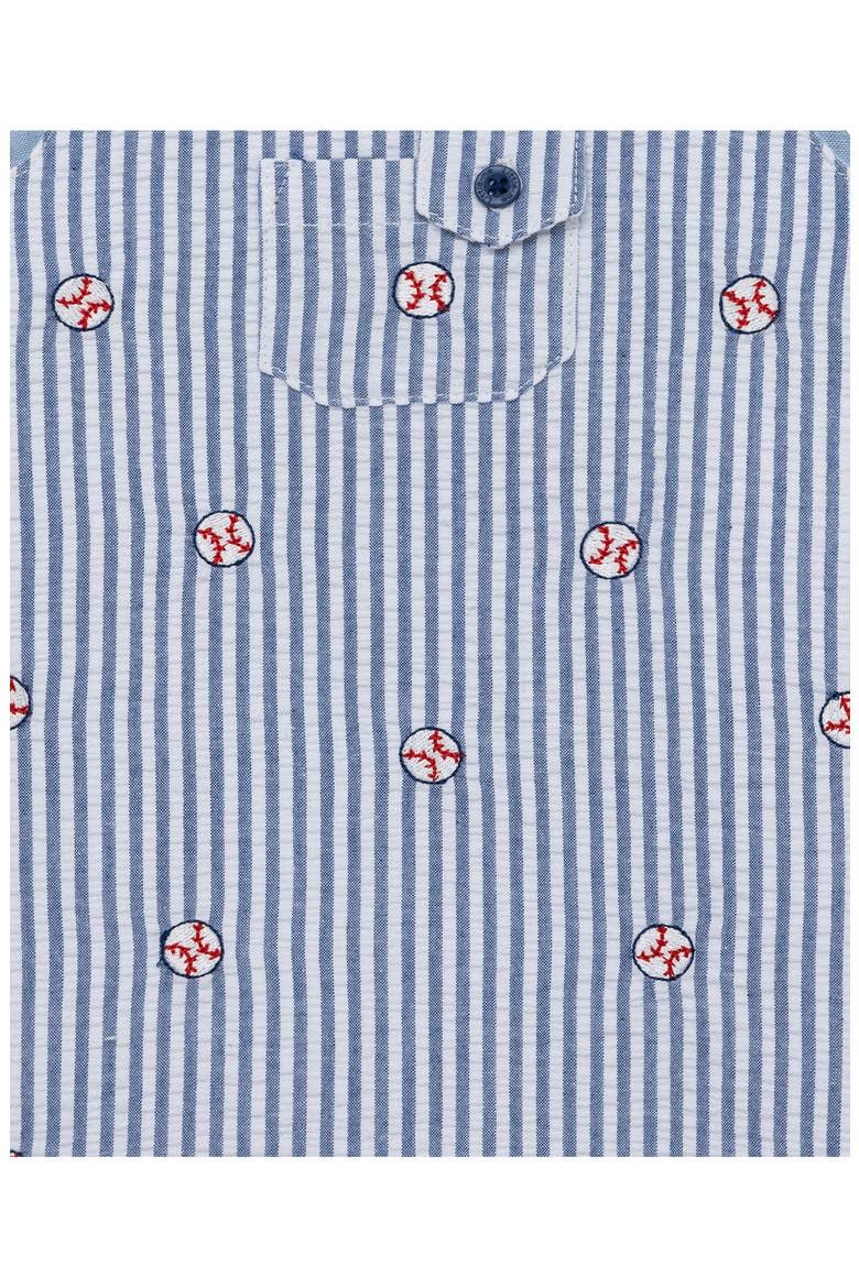 Embroidered Seersucker Cotton Romper & Bucket Hat Set, Alternate, color, BLUE