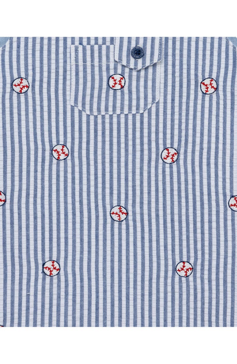 Little Me Embroidered Seersucker Cotton Romper & Bucket Hat Set, Alternate, color, Blue