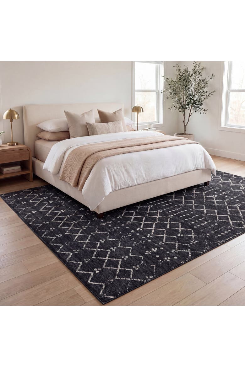 Leila Moroccan Diamond Trellis Non-Slip Machine-Washable Area Rug, Alternate, color, Dark Gray/Ivory