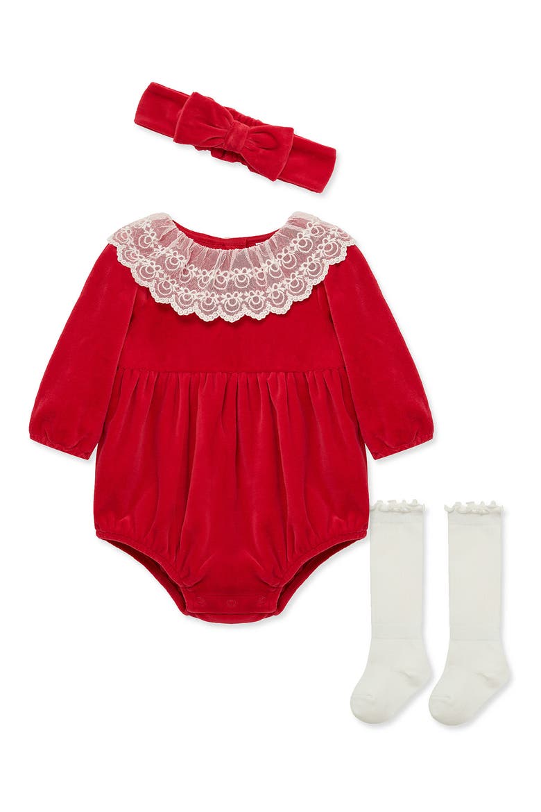 Kids' Lace Bubble Romper, Headband & Socks Set, Main, color, RED