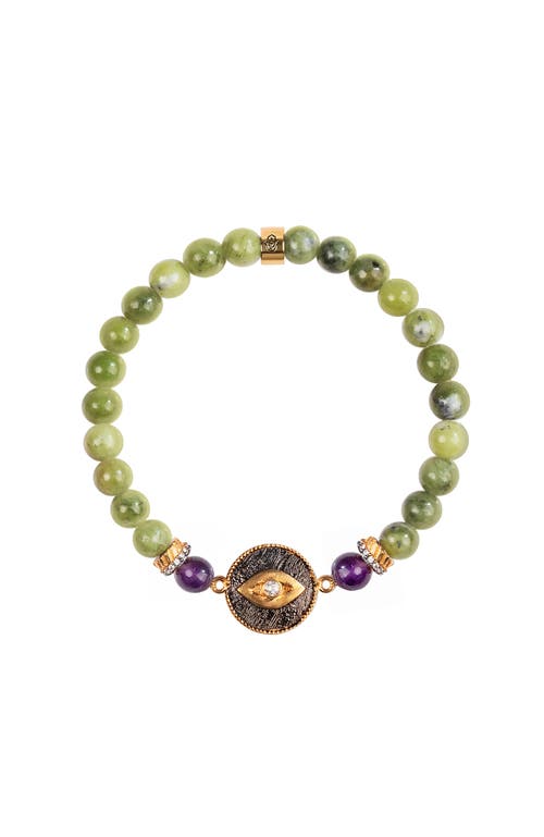 Karma And Luck Defensive Trio Jade Stone Evil Eye Bracelet In Green/purple/gold