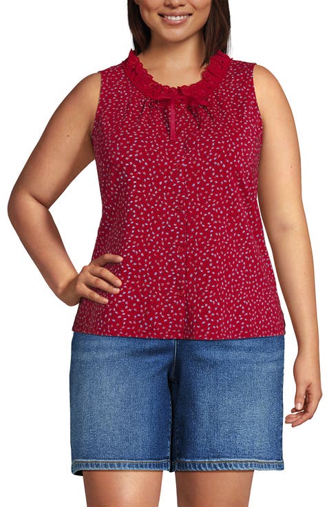 Lightweight Jersey Button Front Lace Trim Tank