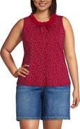Lands' End Plus Size Lightweight Jersey Button Front Lace Trim Tank