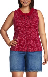 Lands' End Plus Size Lightweight Jersey Button Front Lace Trim Tank