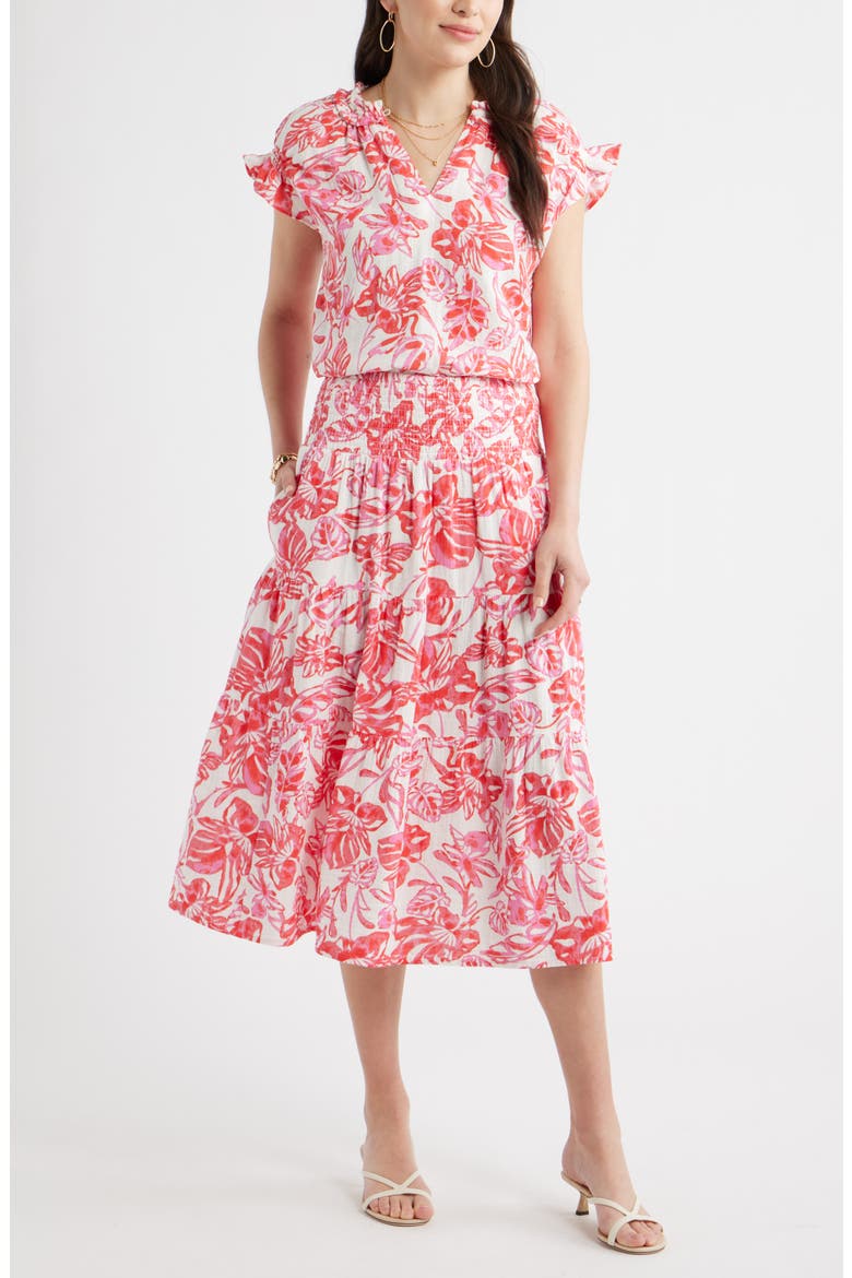 Tiered Cotton Gauze Midi Skirt, Alternate, color, IVORY- PINK ELLIE BLOSSOM