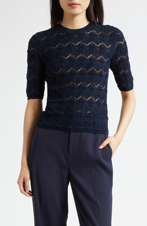 Pointelle Knit Cotton Blend Sweater