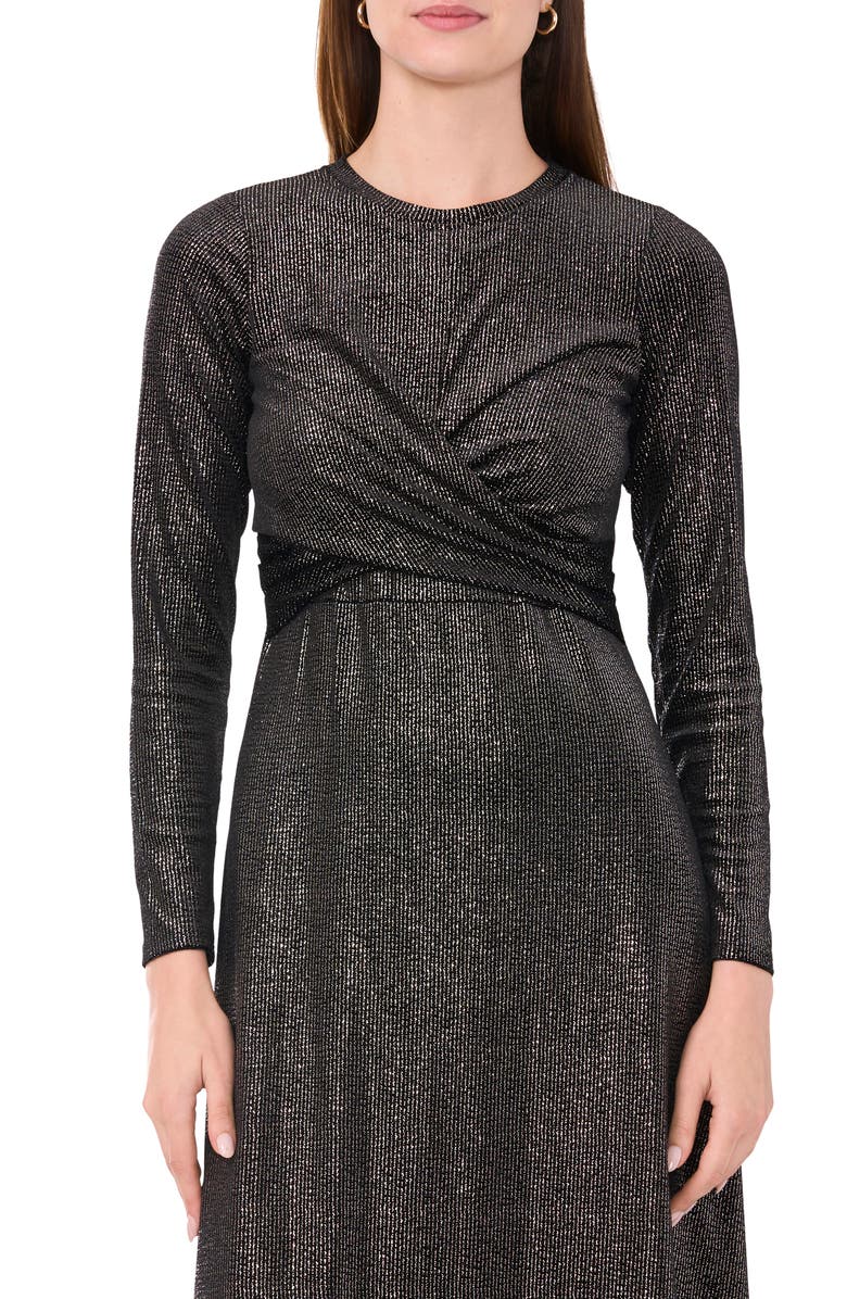 Halogen<sup>®</sup> Metallic Long Sleeve Faux Wrap Midi Dress, Alternate, color,