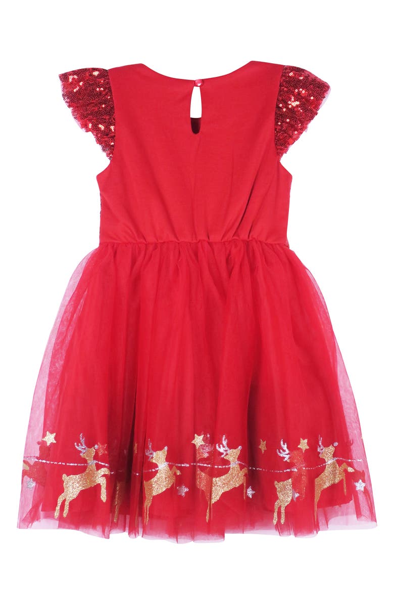 Zunie Kids' Glitter Reindeer Border Print Sequin Dress, Alternate, color, Red