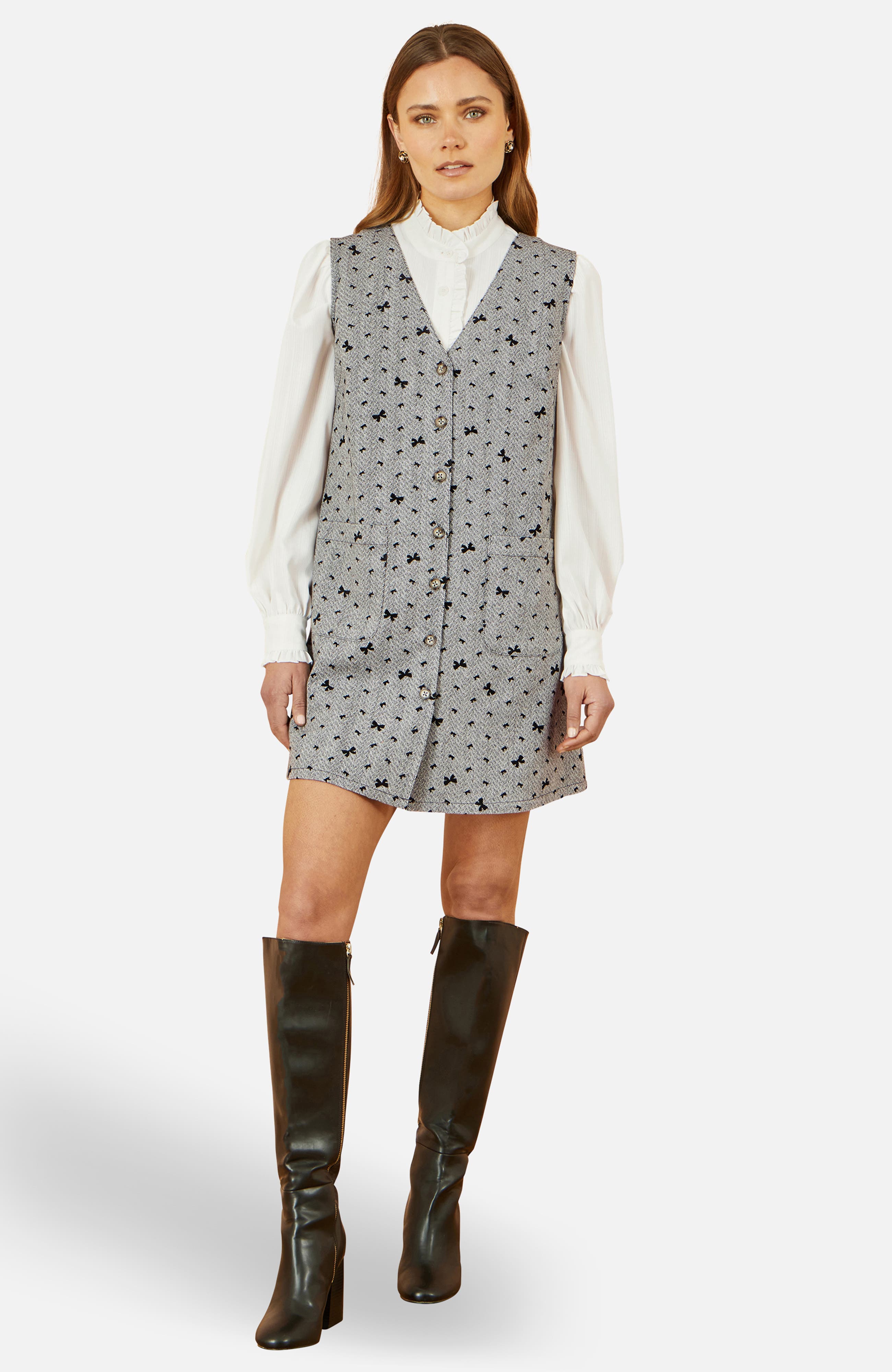 Bow Print Button Up Pinafore Dress