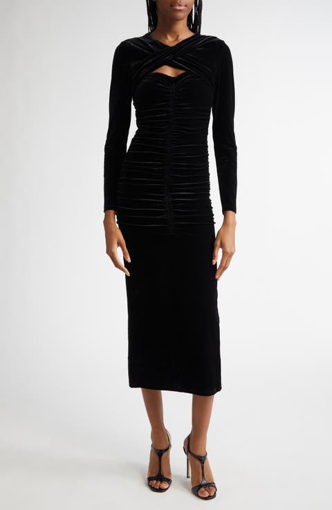 Sia Ruched Long Sleeve Velvet Maxi Dress