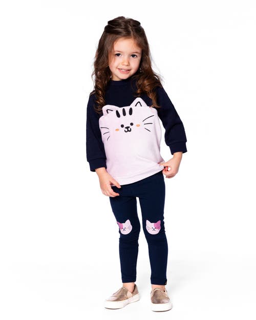 Deux Par Deux Long Bi-material Top With Cat In Blue