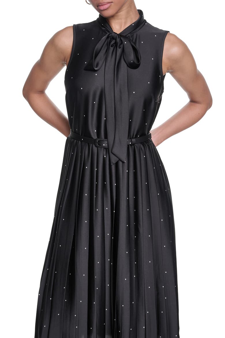 Printed Tie Neck Satin Midi Dress, Alternate, color, BLACK SOFT WHITE