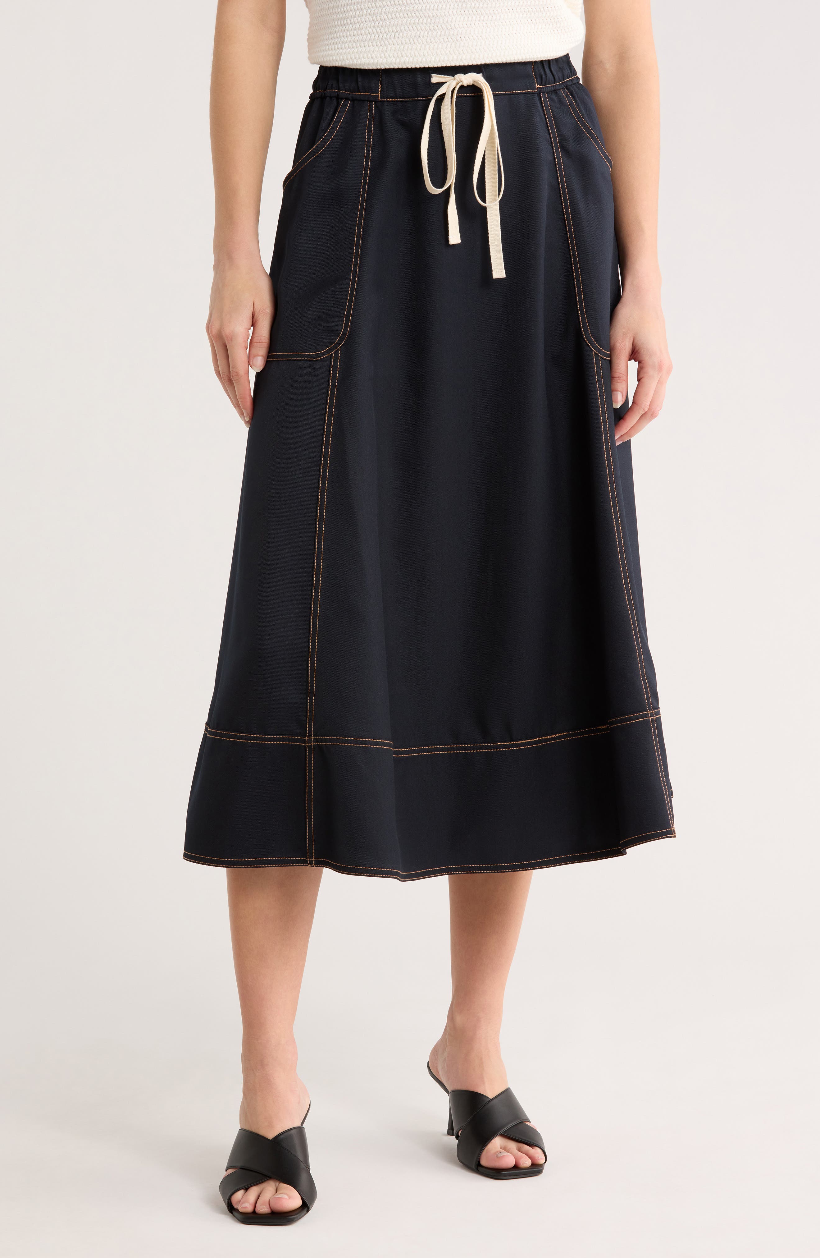 Adrianna Papell Topstitch Drawstring Waist Midi Skirt