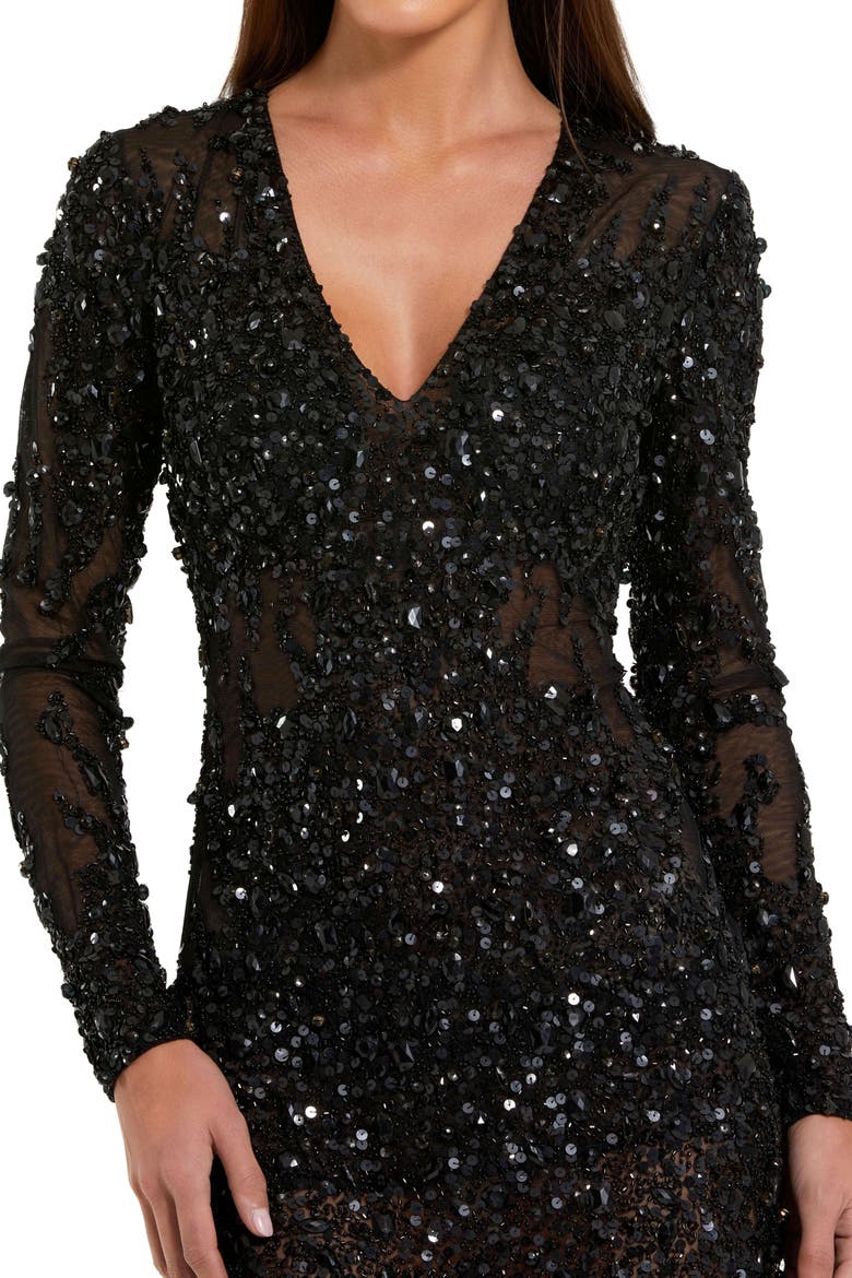 Long Sleeve Sheer Embellished Mini Dress, Alternate, color, Black
