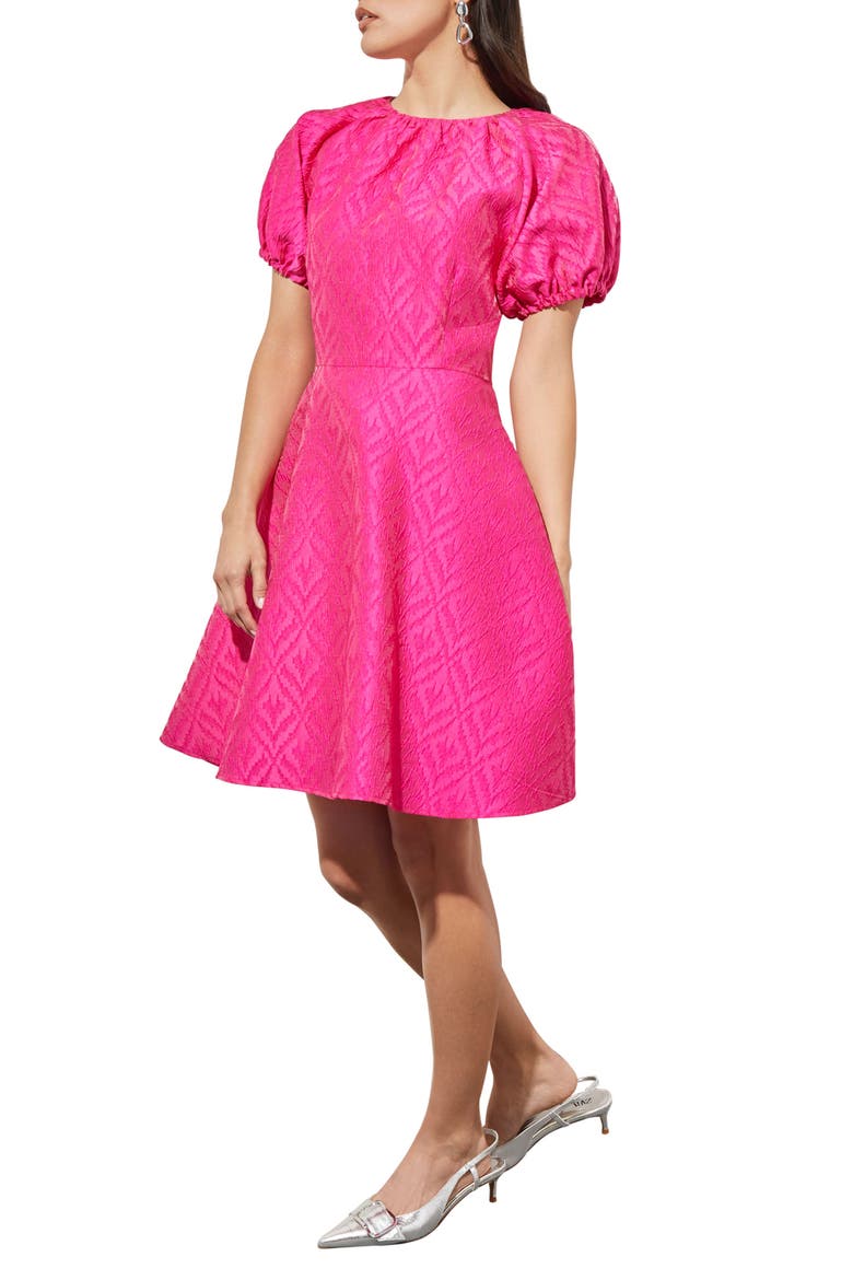 Bouffont Puff Sleeve Jacquard Dress, Alternate, color, CARMINE ROSE