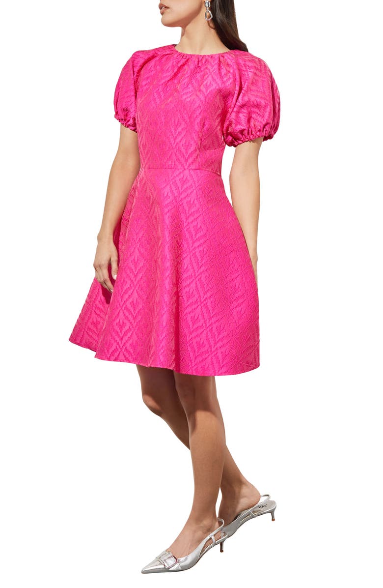 Ming Wang Bouffont Puff Sleeve Jacquard Dress, Alternate, color, Carmine Rose