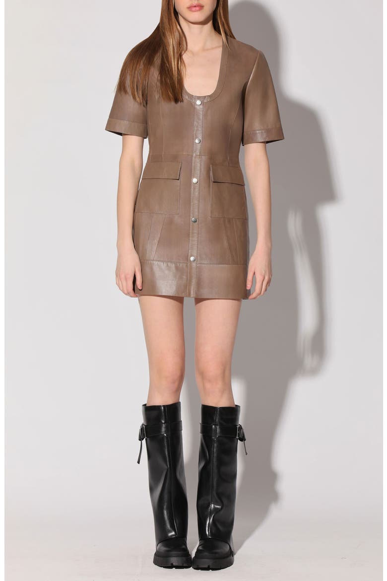Harlynn Short Sleeve Leather Sheath Dress, Main, color, SAND