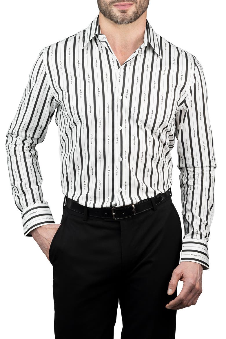 Trim Fit Logo Stripe Print Cotton Dress Shirt, Main, color, WHITE/ BLACK