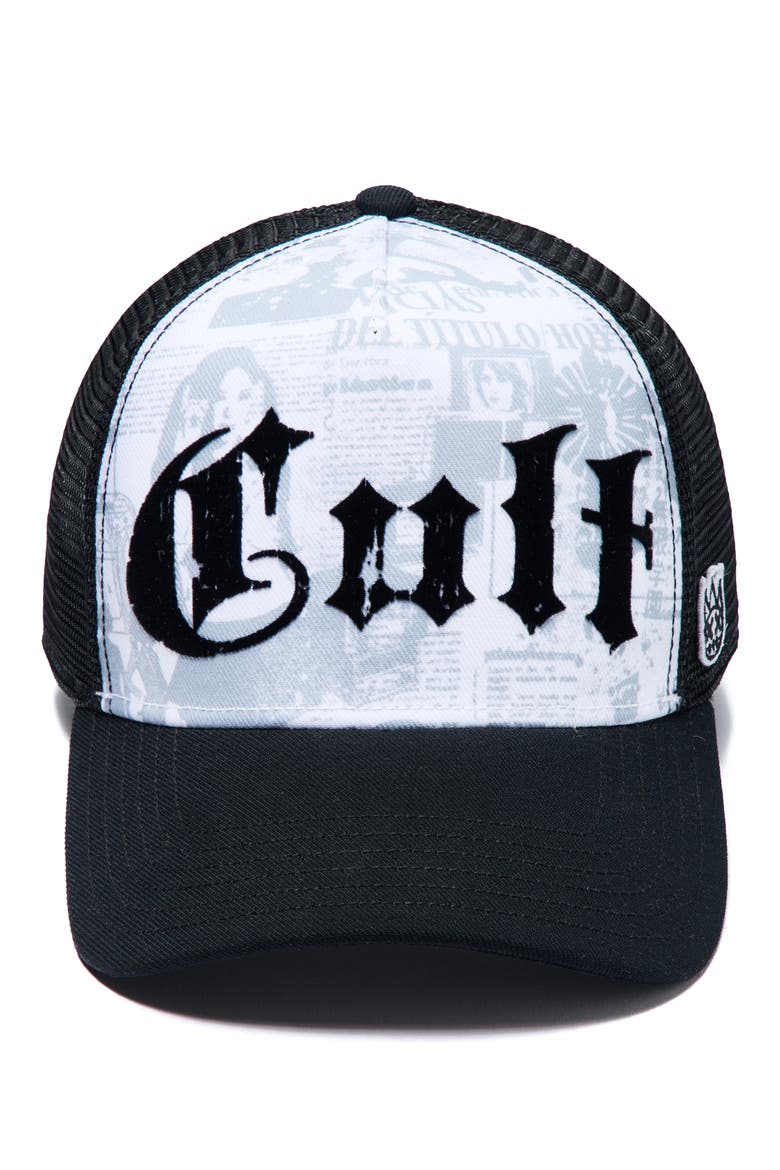 Propaganda Newsprint Logo Trucker Hat, Alternate, color, WHITE