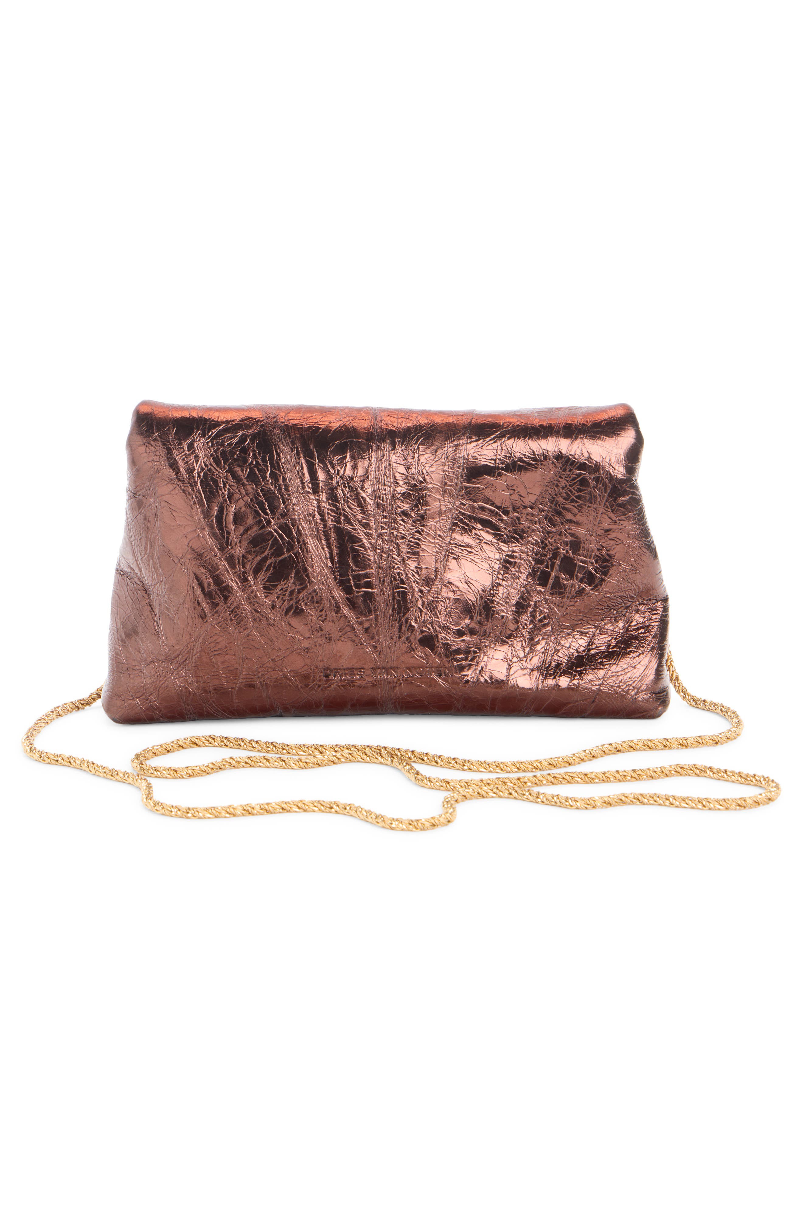 Metallic Lambskin Leather Envelope Clutch, Alternate, color, CHOCO 702