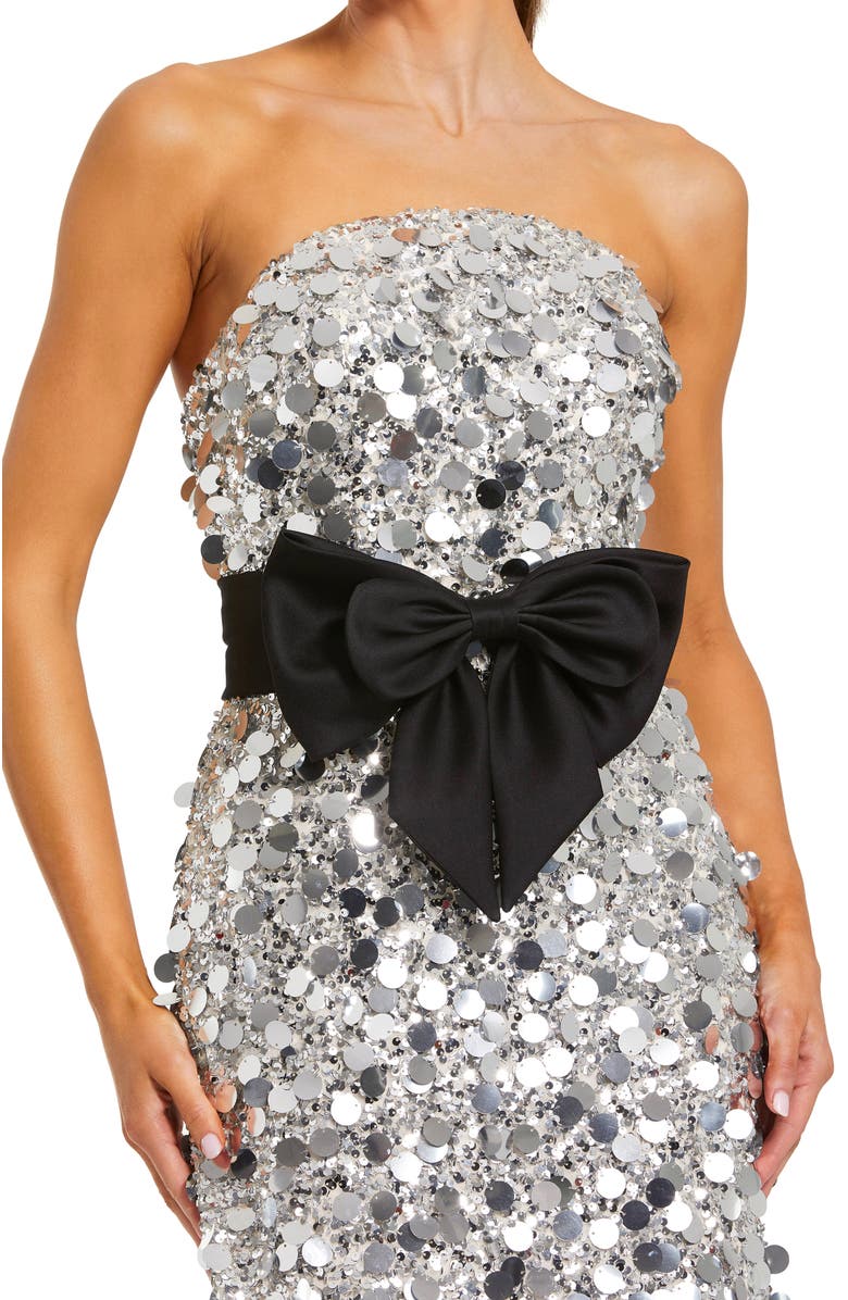 Mac Duggal Strapless Paillete Column Midi Dress With Bow, Alternate, color, Black Silver