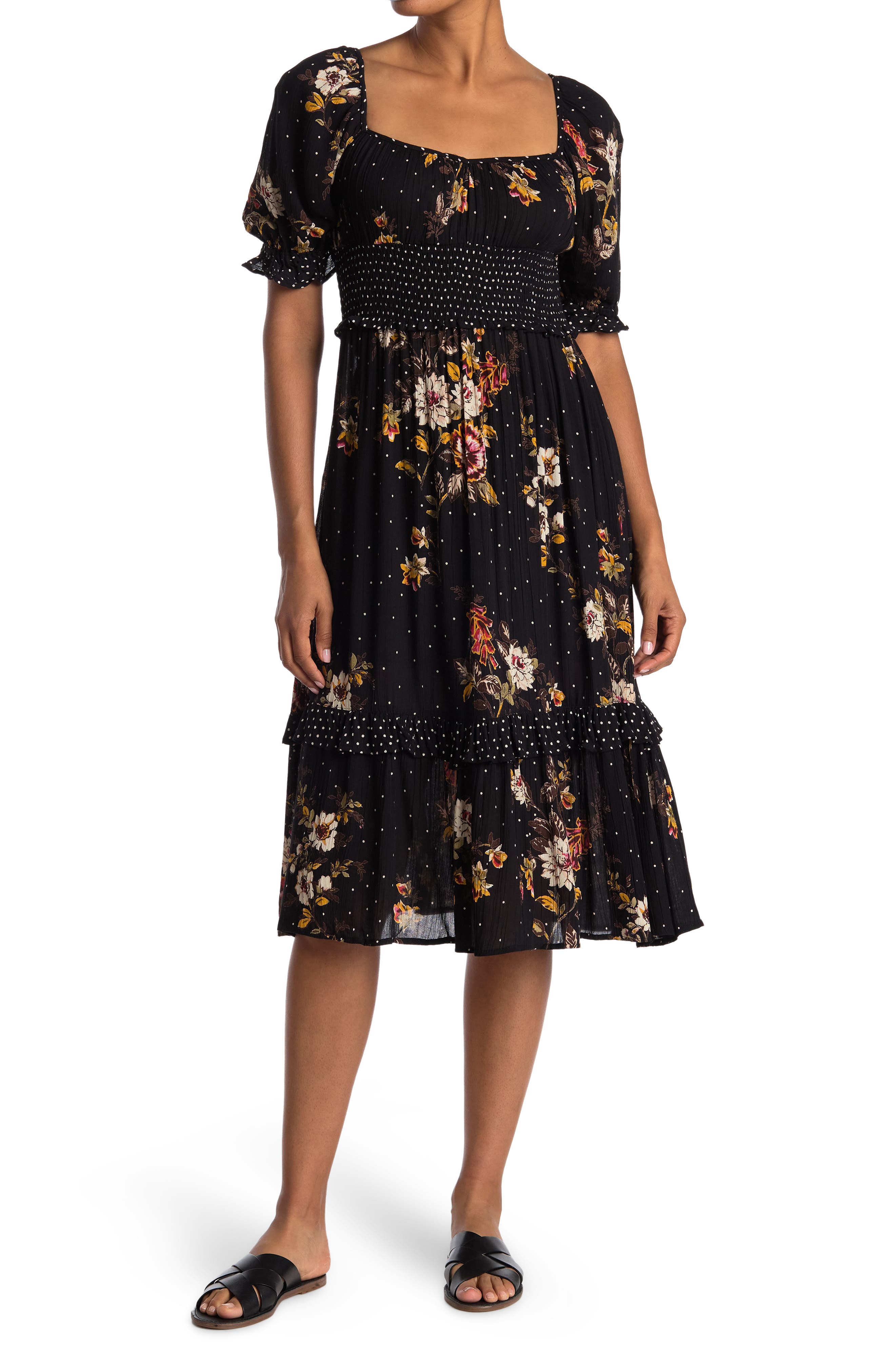Angie Floral Short Sleeve Smocked Midi Dress (Women) | Nordstromrack