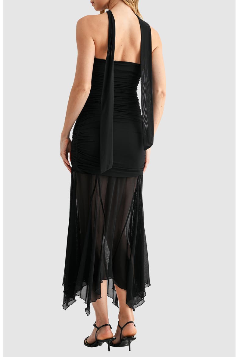 Ruched Drop Waist Midi Dress with Scarf, Alternate, color, BLACK