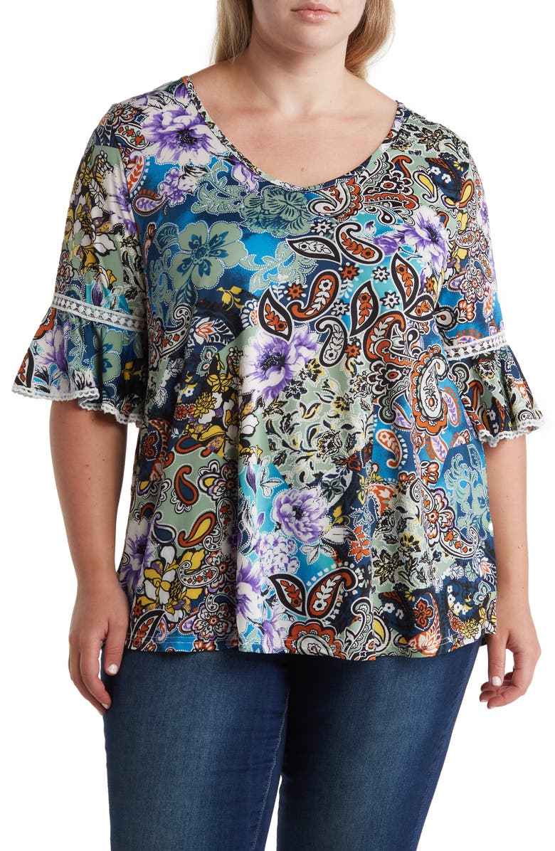 STEM AND VINE Printed Lace Trim Top, Main, color, 