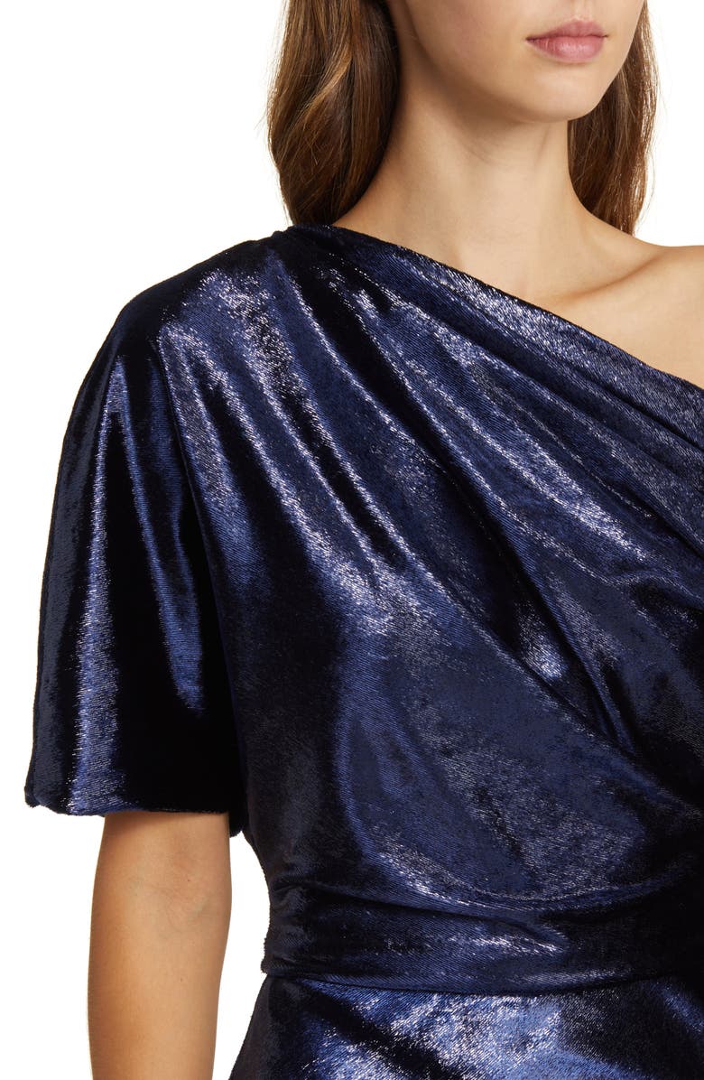 Amsale One-Shoulder Metallic Velvet Gown, Alternate, color, Navy