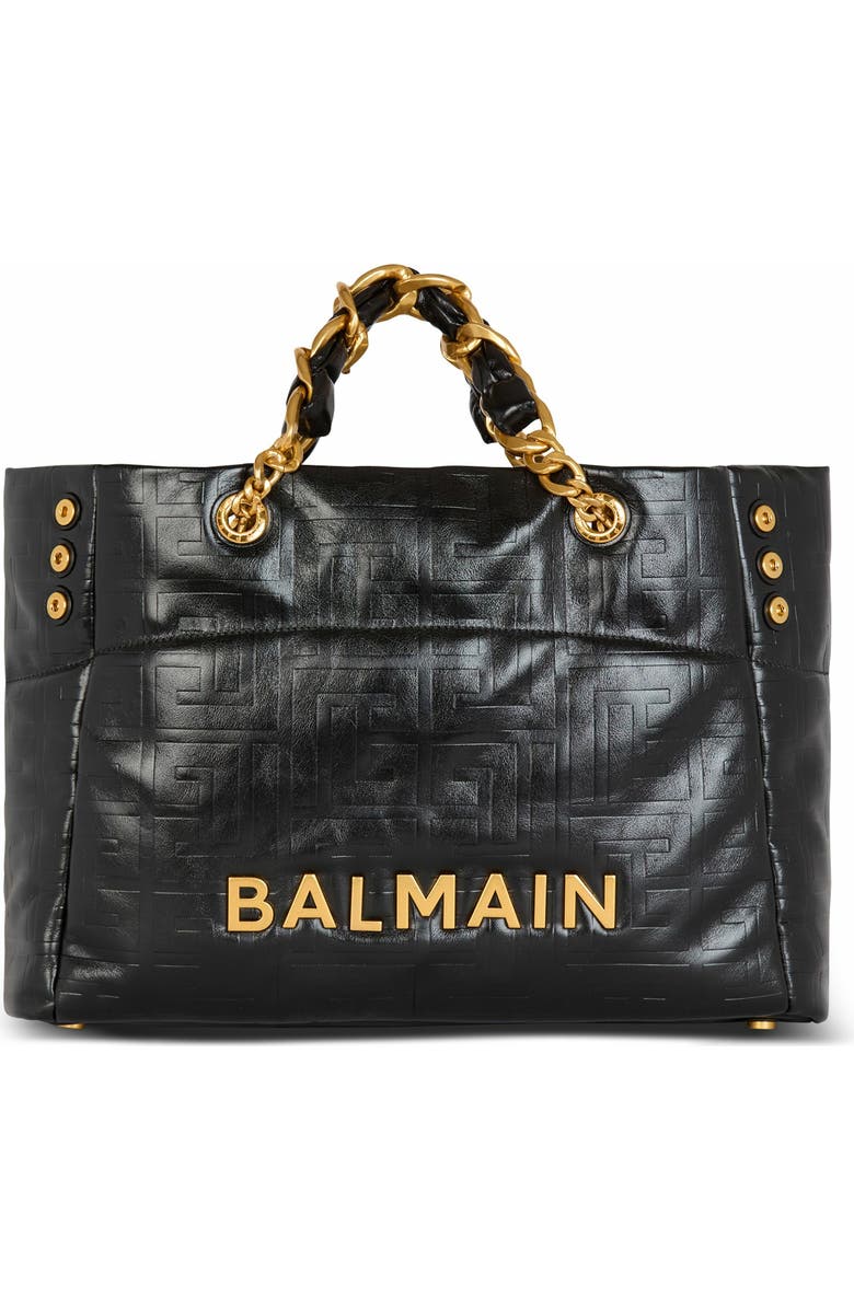 Balmain 1945 Soft Pb-Monogrammed Crinkled Leather Tote Bag, Main, color, Black