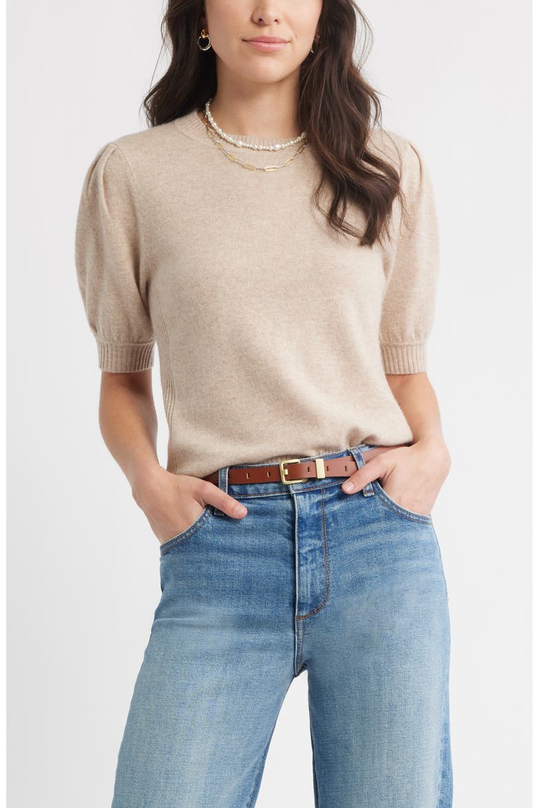 Puff Sleeve Wool & Cashmere Sweater, Main, color, TAN DOESKIN HEATHER