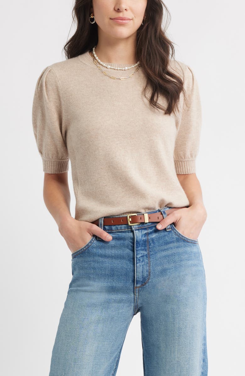 Caslon<sup>®</sup> Puff Sleeve Wool & Cashmere Sweater, Main, color, Tan Doeskin Heather