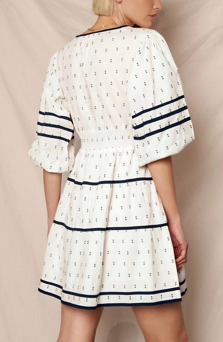 Knit and Lounge Smocked Waist Mini Dress with Flared Sleeves, Alternate, color, Navy Stripe