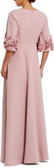 Crepe 3/4 Sleeve 3D Flower Trim A Line Gown