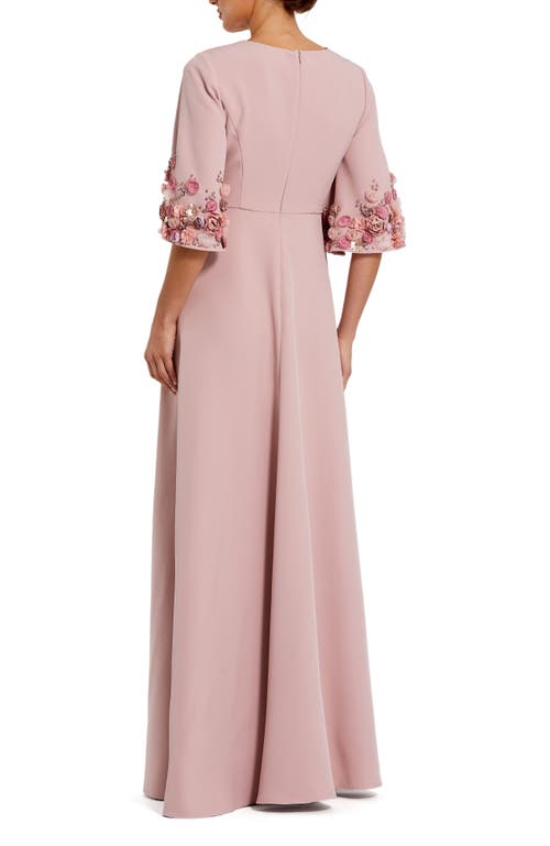 Mac Duggal Stretch Satin 3/4 Sleeve Gown With Flower Trim In Rose