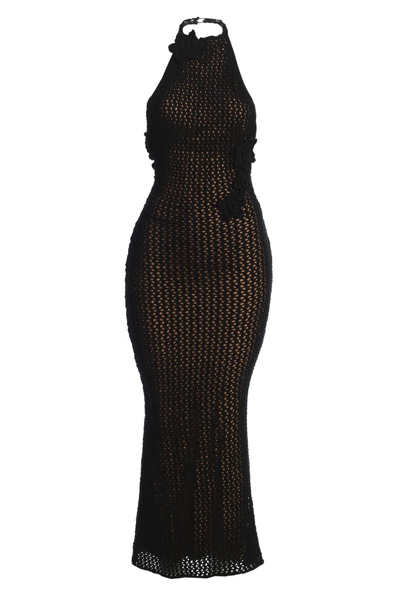 Paradise Open Stitch Crochet Halter Dress, Alternate, color, BLACK