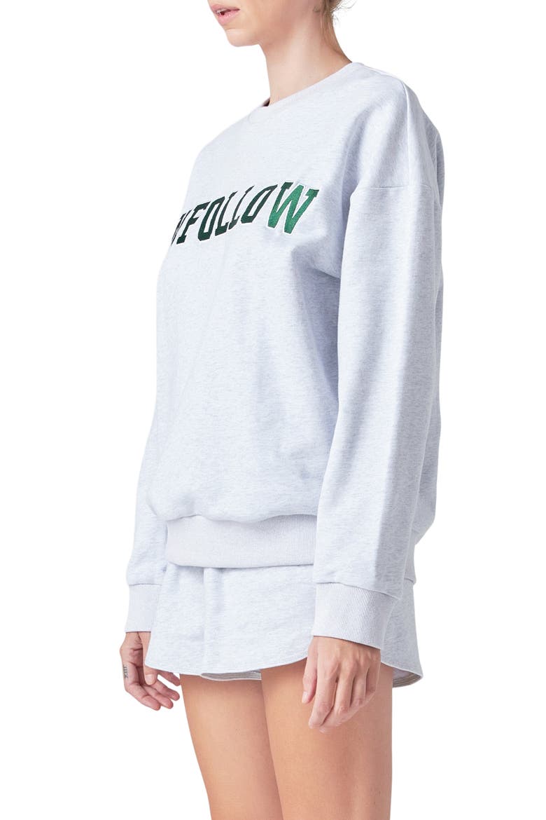Unfollow Appliqué Graphic Sweatshirt, Alternate, color, HEATHER GREY