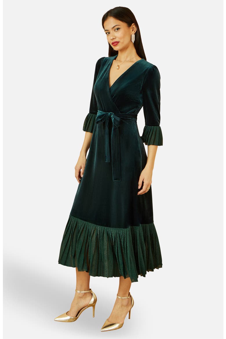 Velvet Wrap V-Neck Midi Dress, Alternate, color, Green