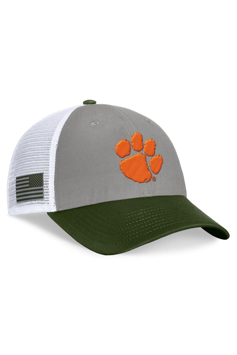 Men's Top of the World Gray/Green Clemson Tigers OHT Military Appreciation Badge Trucker Adjustable Hat, Alternate, color, Gray