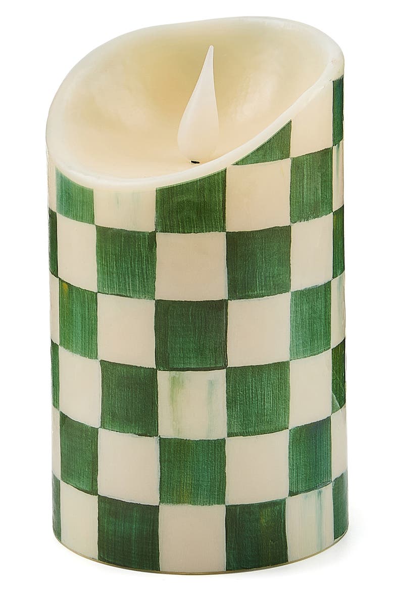 Emerald Check Flameless 5-Inch Pillar Candle, Main, color, EMERALD