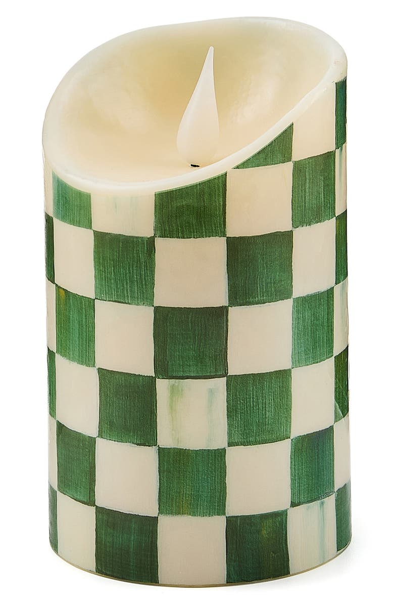 MACKENZIE CHILDS Emerald Check Flameless 5-Inch Pillar Candle, Main, color, Emerald