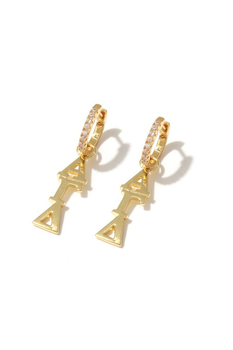 Alpha Gamma Delta Greek Letter Huggie + Charm Earrings, Main, color, Yellow Gold