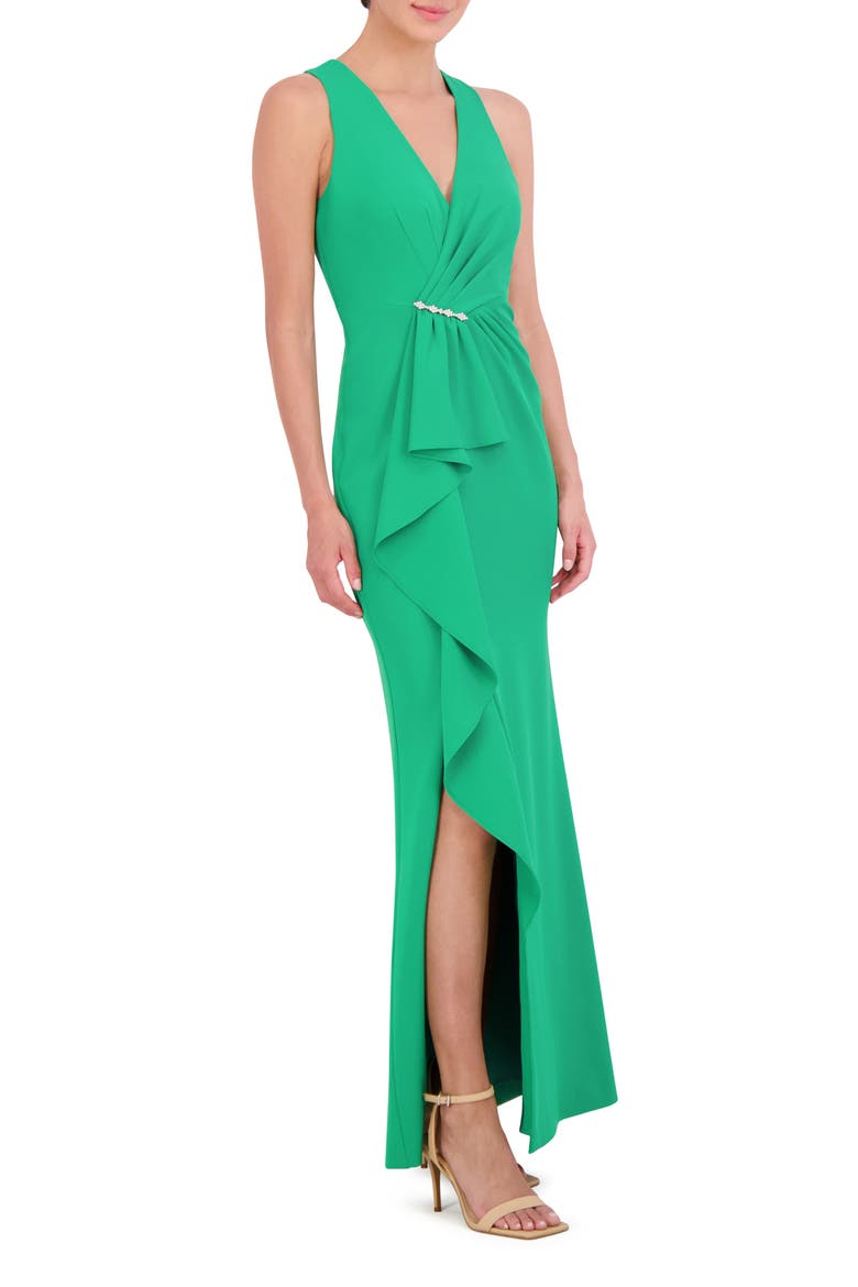 Cascade Ruffle Sleeveless Gown, Main, color, GREEN