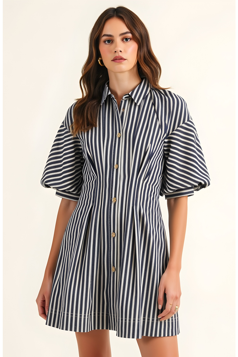Striped Puff Sleeve Tailored Shirt Dress, Alternate, color, Navy Blue / White Stripe