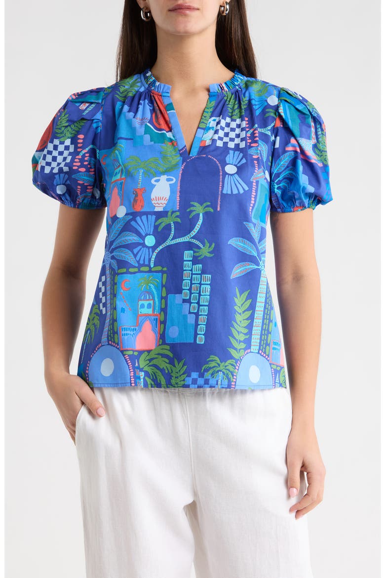 Punta Alta Berisa Split Neck Puff Sleeve Cotton Top, Main, color, COBALT-COMBO